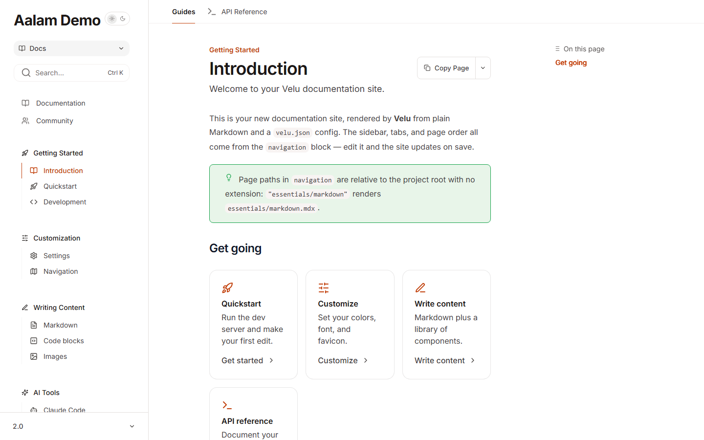A Velu docs page using the Aalam theme, with branding, search, and navigation in the left sidebar and tabs above the article