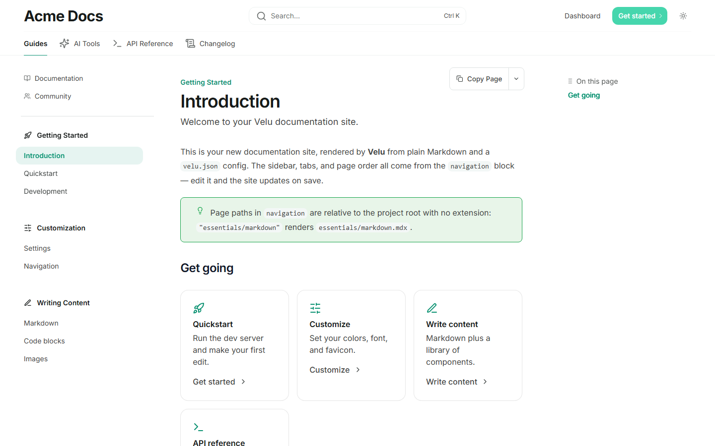 A Velu docs page using the Thulir theme, with the header, left sidebar, article, and On this page table of contents