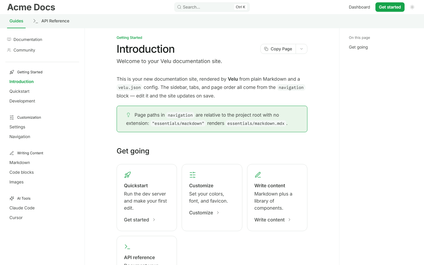 A Velu docs page using the Vepa theme, with the header, left sidebar, article, and table of contents